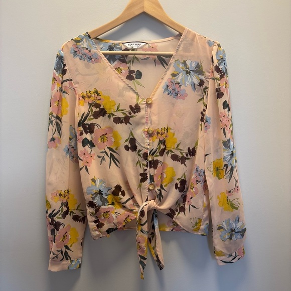 NAF NAF floral sheer blouse with tie front - Picture 1 of 9
